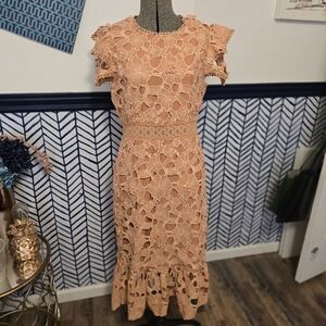 Just Me Floral Lace Midi Dress in Peach